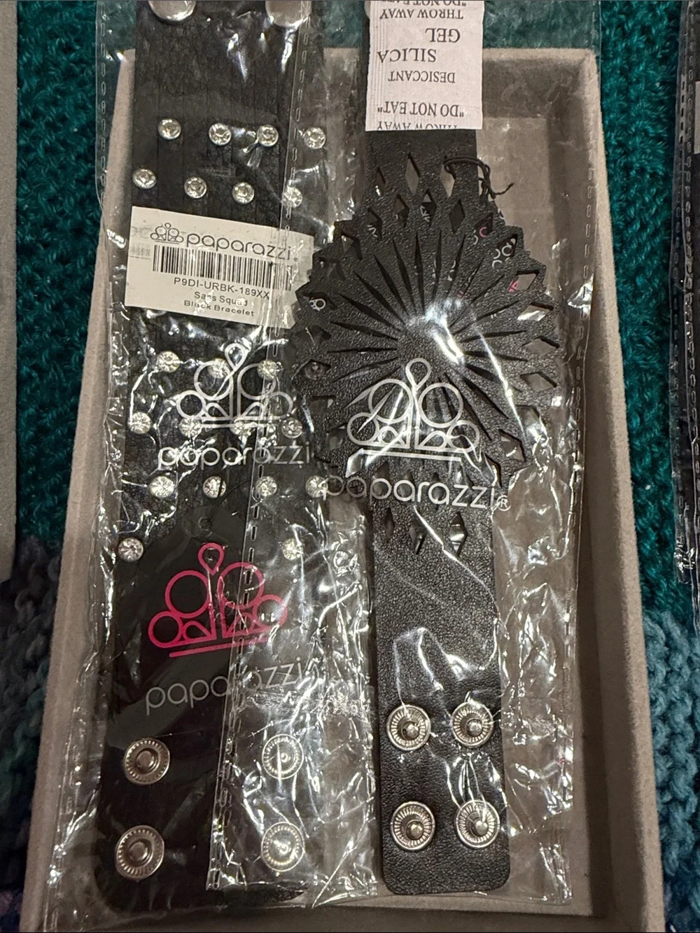 paparazzi Black Faux Leather Snap Bracelet Set with Rhinestones